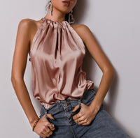 Satin Ruffles Casual Loose Sleeveless Sexy Top Women Elegant Office Ladies All-match Pleated Summer Top New
