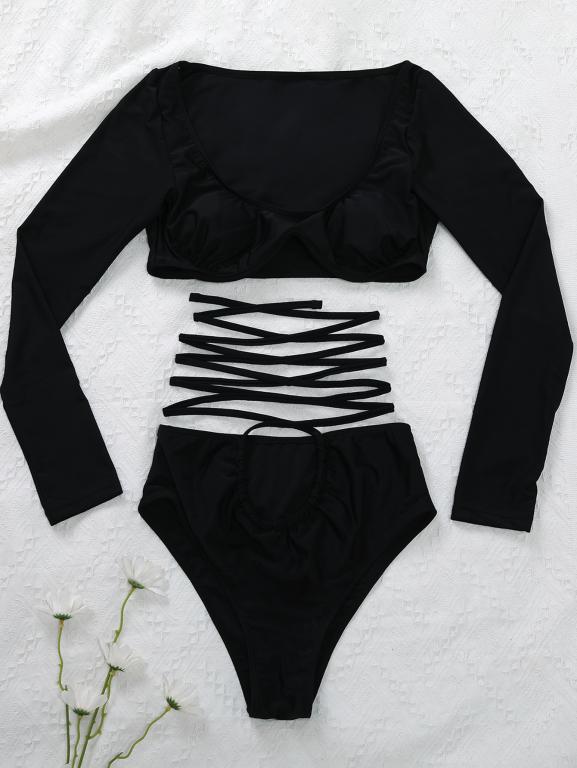High Waist Bikini Solid Long Sleeve Swimsuit Women String Lace Up Swimwear