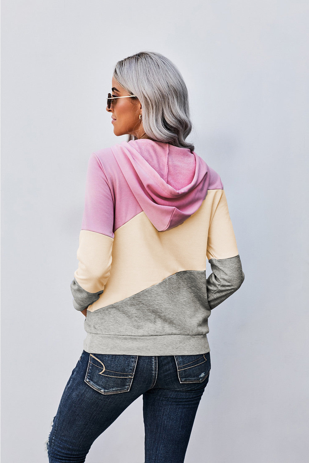 Pink Colorblock Pocketed Hoodie