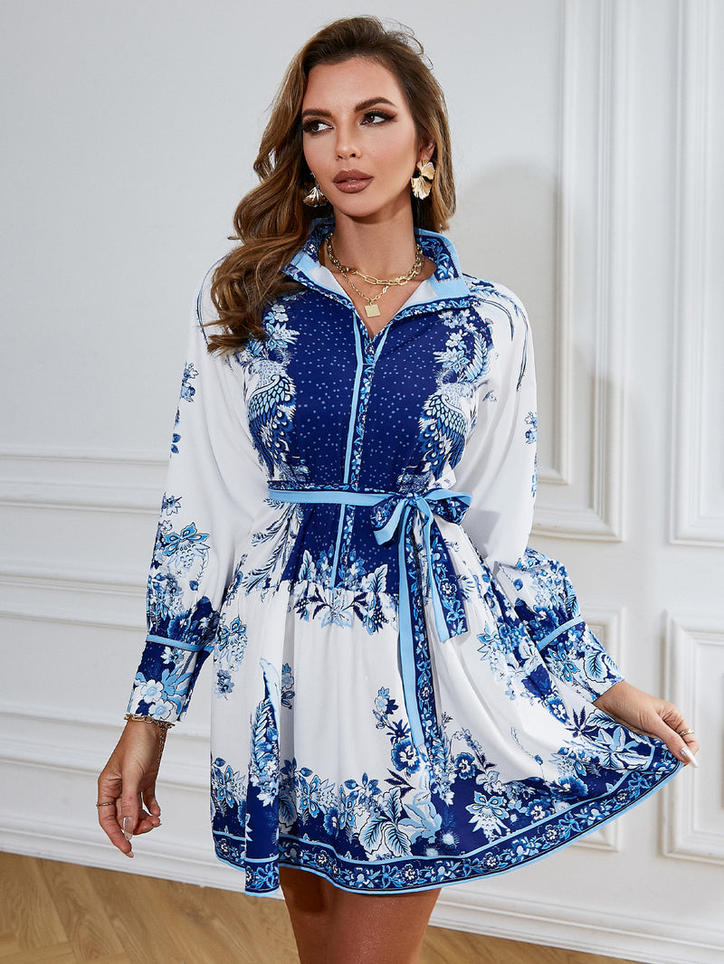 Elegant Blue Floral Print Ruffle Long Sleeve Dress Casual V-Neck A-Line Belt Mini Dress Fashion Holiday Party Dress