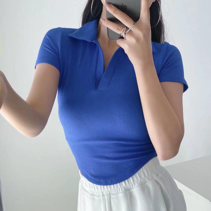 Pure Desire Polo Collar Curved Hem Short Sleeve Internet Hot Women Clothing Elastic Thread Basic Yoga Workout Top T-shirt
