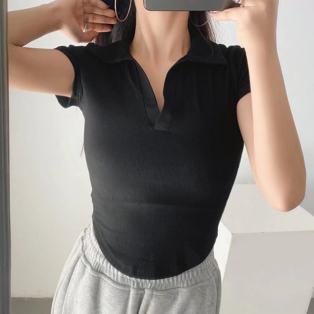 Pure Desire Polo Collar Curved Hem Short Sleeve Internet Hot Women Clothing Elastic Thread Basic Yoga Workout Top T-shirt