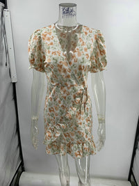 Spot Temperament Women  Dress Short Sleeve V-neck A- line Skirt Printing Spring And Summer