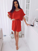 New Loose Large Size Belt Ruffled Sleeve round Neck Solid Color Dress