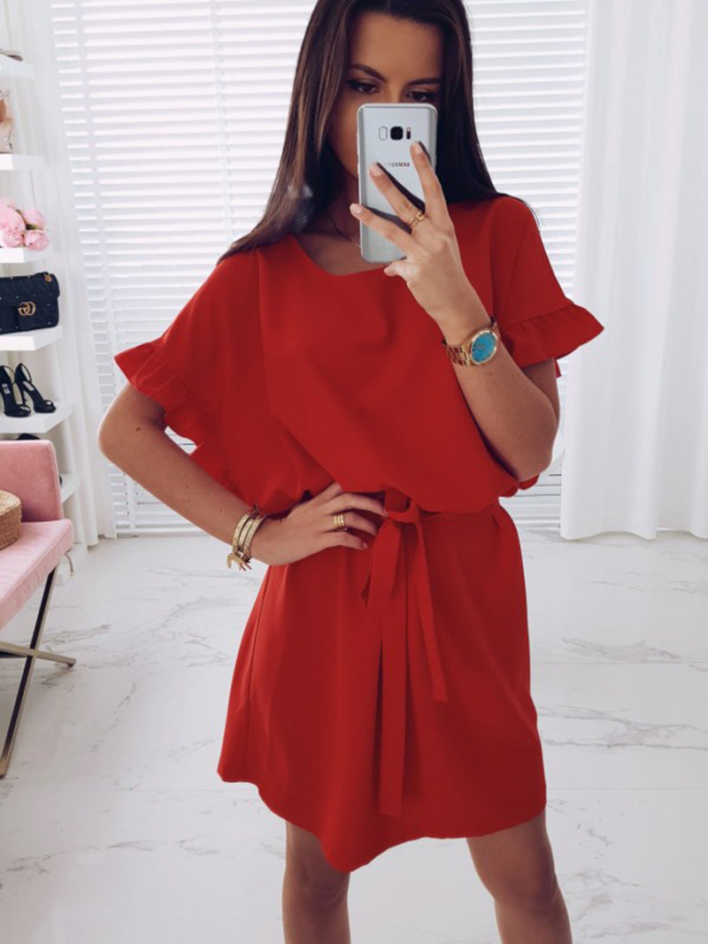 New Loose Large Size Belt Ruffled Sleeve round Neck Solid Color Dress