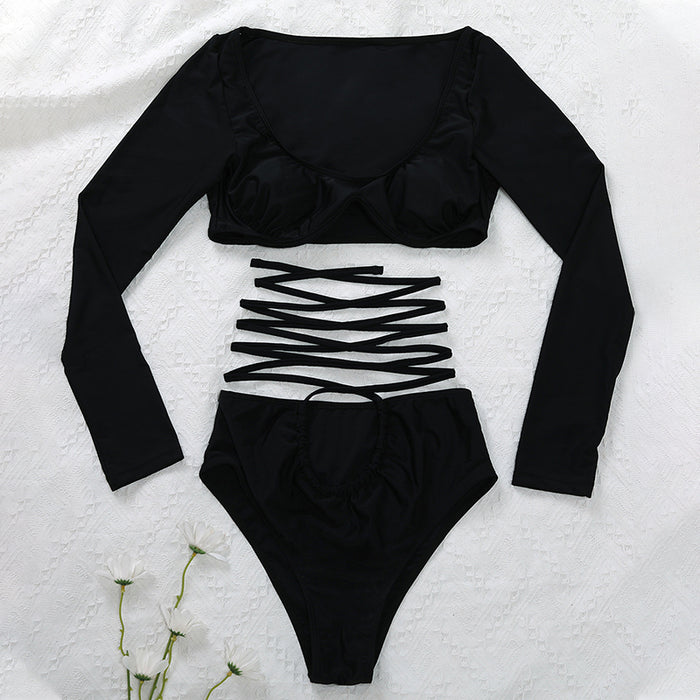 High Waist Bikini Solid Long Sleeve Swimsuit Women String Lace Up Swimwear