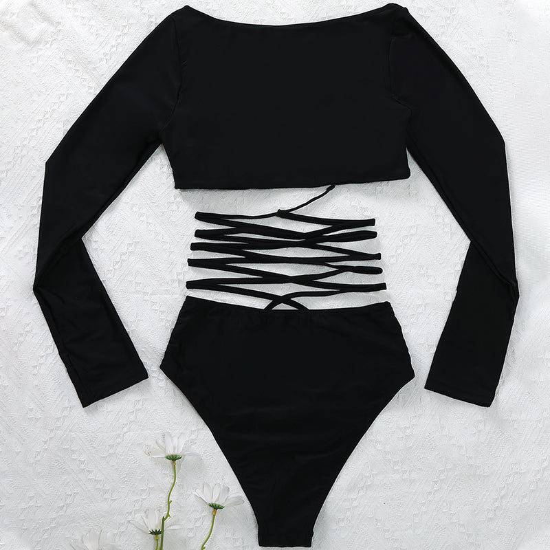 High Waist Bikini Solid Long Sleeve Swimsuit Women String Lace Up Swimwear