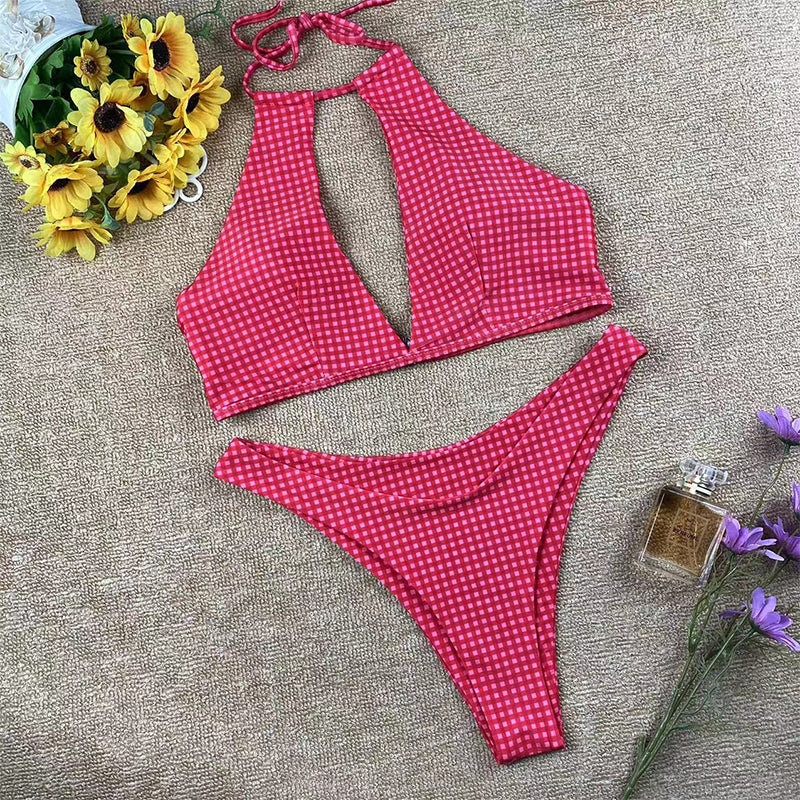 Grid Printed Bikinis Halter Swimsuit Women High Cut Bathing Suits Swimwear