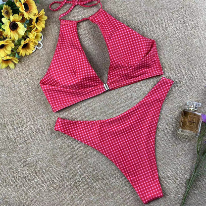 Grid Printed Bikinis Halter Swimsuit Women High Cut Bathing Suits Swimwear