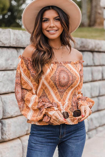 Printed Ruffled Smocked Off Shoulder Blouse