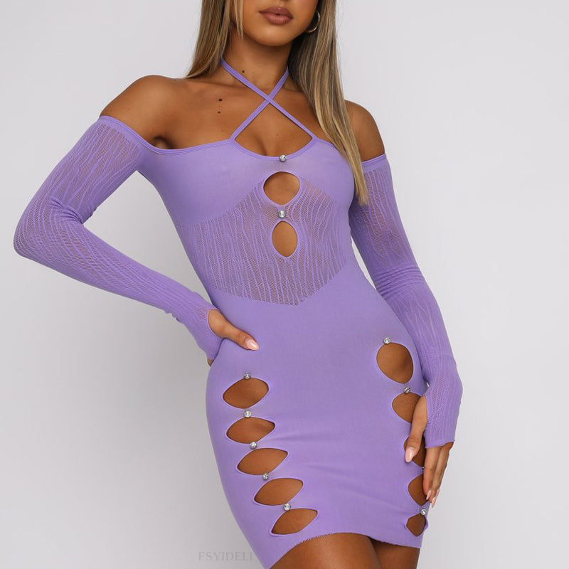 Women Mesh Dress Spring Summer New See-through Sexy Mesh Diamond Stitching Dress