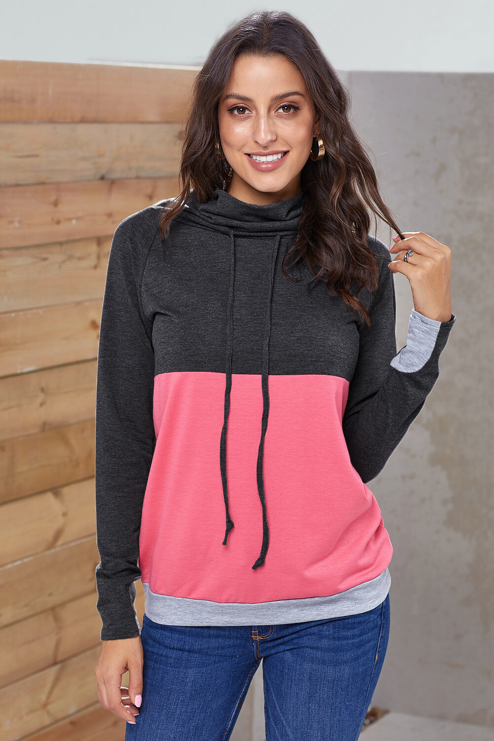 Charcoal Pink Colorblock Thumbhole Sleeved Sweatshirt