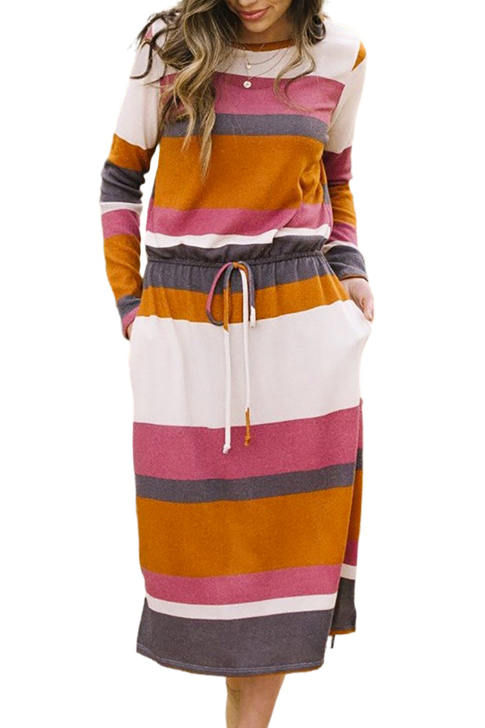 Multicolor Block Drawstring Waist Long Sleeve Midi Dress