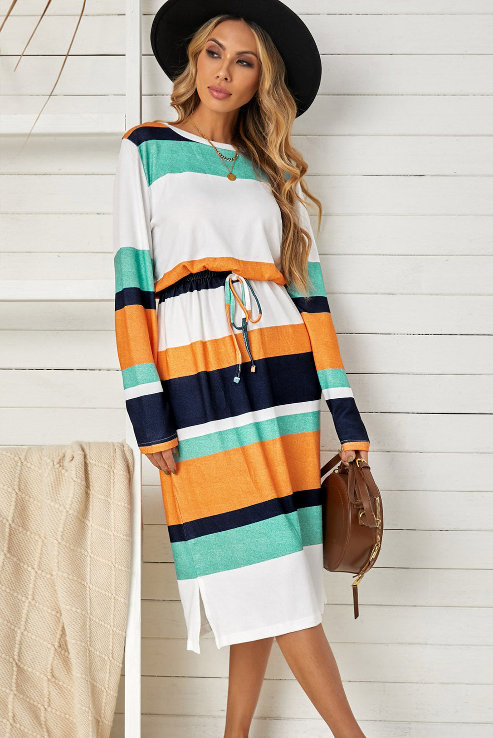 Multicolor Block Drawstring Waist Long Sleeve Midi Dress