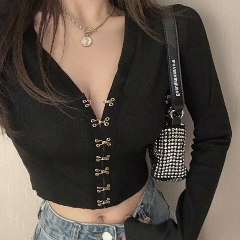 Autumn new блузка женская футболка Hong Kong taste sexy V-neck knitted bottoming shirt short top long sleeve women топ blouse