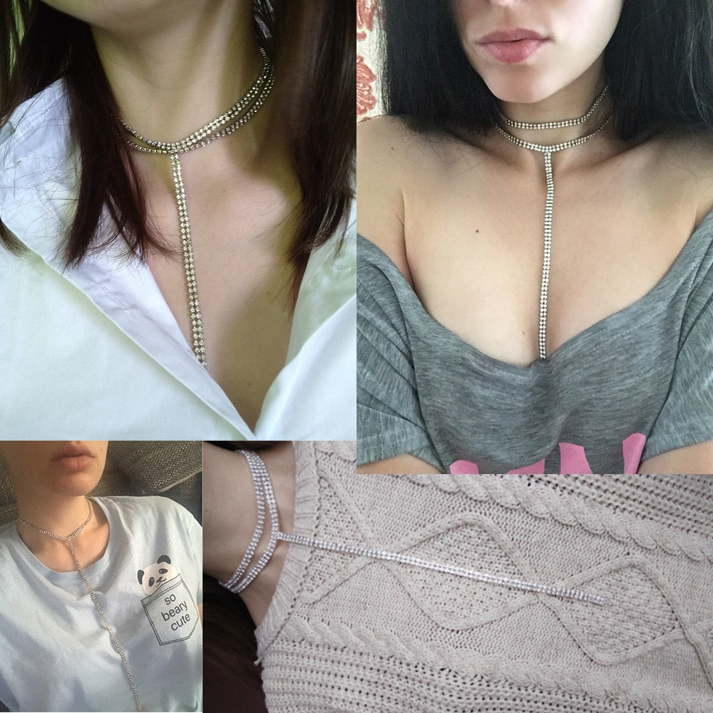 Rhinestone Double Lariat Chain Pendant 90s Collier Women Choker Necklaces