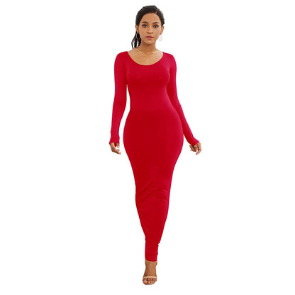 HOT SALES!!! Spring Autumn Sexy Women Solid Color Long Sleeve Round Neck Bodycon Maxi Dress evening party dress sexy comfortable