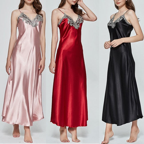 Ladies Womens Satin Long Nightdress Silk Lace Lingerie Nightgown Sleepwear Dress