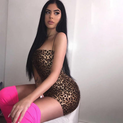 Leopard tiger print bodycon sexy strap mini party dress