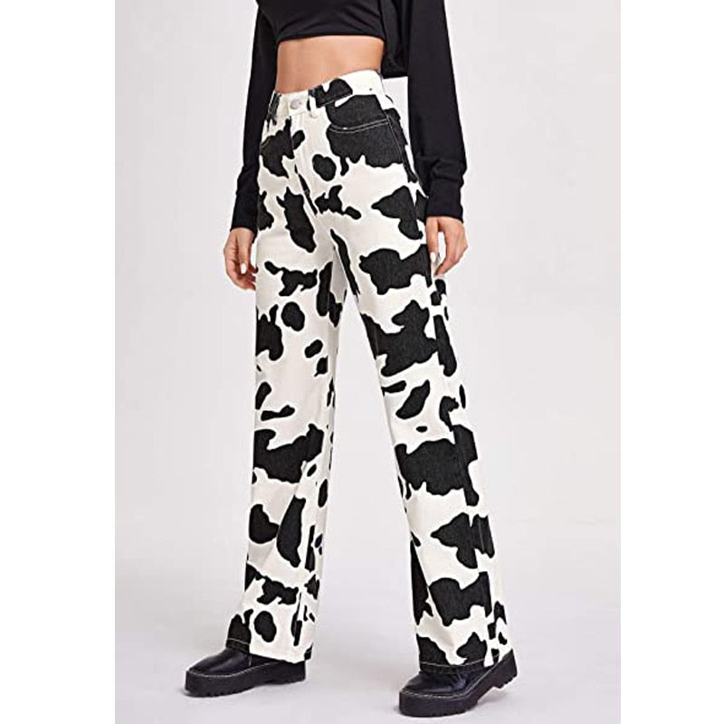 Female Straight Jeans Korean Style Casual Wild Cow Skin Pattern High Waist Trendy Trousers for Daily Streetwear for All Seasons