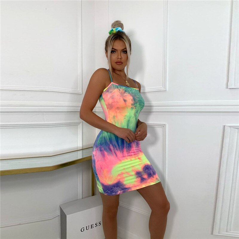 Fashion spaghetti straps tie dye print sexy drawstring camis tops+skirts 2020 summer women Ladies party club