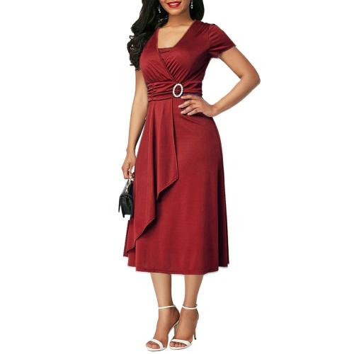 Plus Size Women Short Sleeve V Neck Asymmetric Hem Waist Tight Midi Party Dress