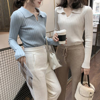 Turn-down Collar Fall Winter Solid Color Pullover Slim Knitted Sweaters