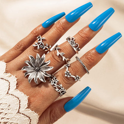 Boho Finger Jewelry Crown Geometric Rhinestone Leaf Women Ring Sets Hollow Stacking Finger Rings Vintage Silver Color