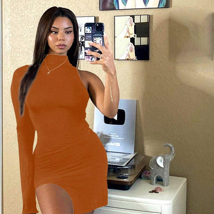 Simenual One Shoulder Long Sleeve Women Bodycon Party Dresses Side Slit Autumn Fashion Sexy Skinny Clubwear Mini Dress Solid Hot