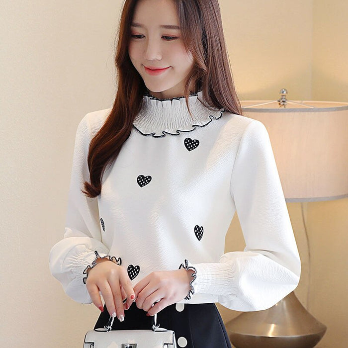 Lady Casual Long Sleeve Turtleneck Heart Embroidery Blouse