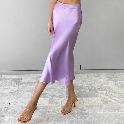 Solid Purple Satin Silk Skirt Women High Waisted Summer Long Skirt