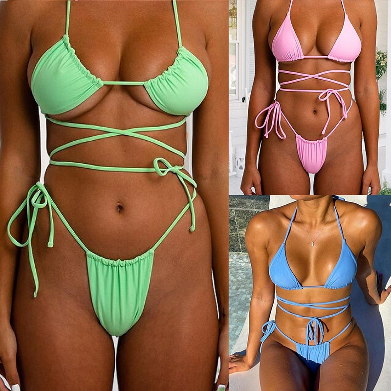 Push-up Bra Bikini Set Solid Color Bandage Swimming Suit Outdoor Summer Beachwear Bathing Suit