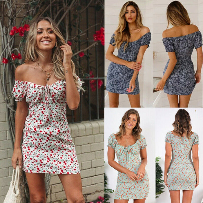 Summer Sexy Women Boho Mini Dress Ladies Holiday Beach Sundress Off Shoulder Floral Printed Evening Party Short Dresses