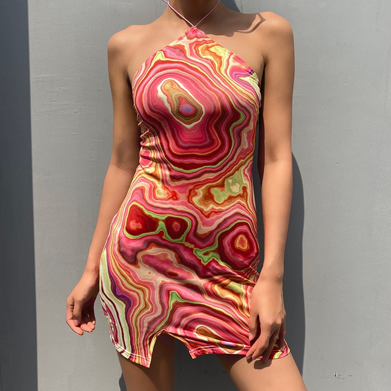 Wave Print Sexy Backless Halter Dress Women Party Summer Sleeveless Short Dress Elegant Y2K 90s Fashion Streetwear