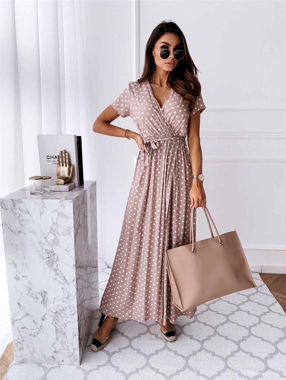 Polka Dot Split Boho Dress V-Neck Women Casual Beach Vacation Long Dresses