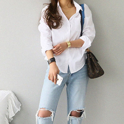 Blouse Top Long Sleeve Casual White Turn-down Collar OL Style Women Loose Blouses