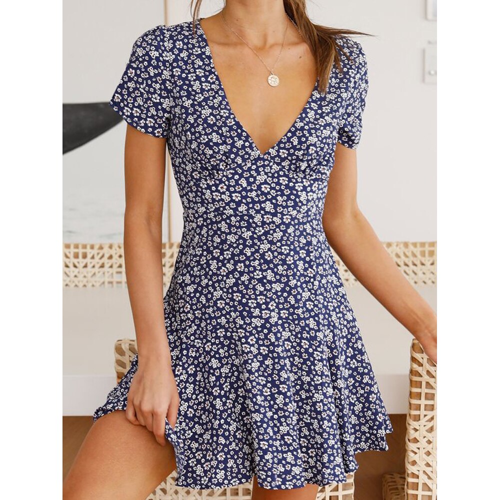 Women&#39;s Dress Summer V-Neck High Waist Short Dress for Party Holiday Casual Lady Slim Fit Flared Mini Dress A-Line Flowers/Dots