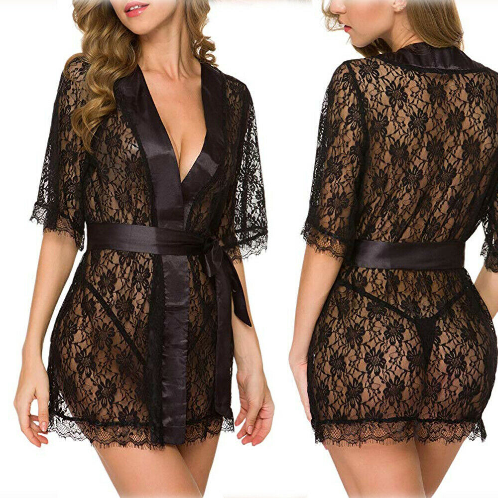 Sheer Mesh Nightgown Floral Lace Robes Lingerie Female Sexy See Through Robes