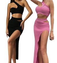 Y2K Vintage Summer Women Sexy Two-piece Clothes Set Solid Color One-shoulder Vest Slit Skirt