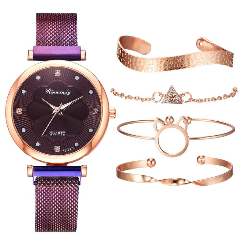 5pcs Set Women Luxury Magnet Buckle Flower Rhinestone Watch Ladies Quartz Wrist Watch Bracelet Set