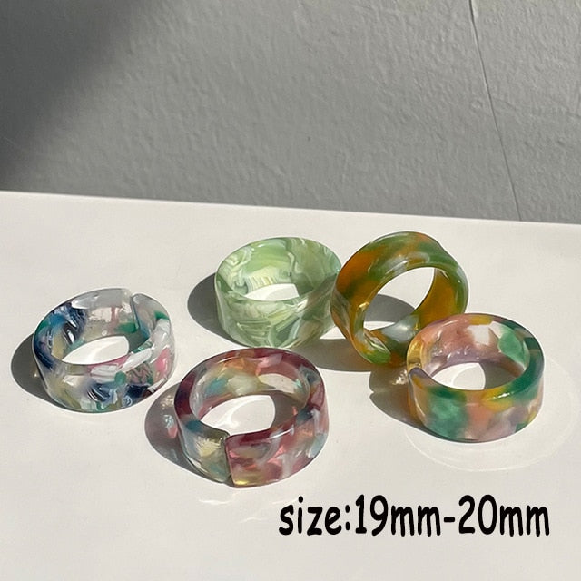 Colourful Transparent Resin Acrylic Rhinestone Geometric Square Round Rings Set for Women Jewelry Travel Gifts