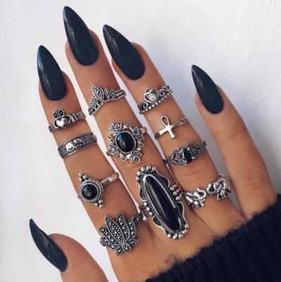 Boho Finger Jewelry Crown Geometric Rhinestone Leaf Women Ring Sets Hollow Stacking Finger Rings Vintage Silver Color