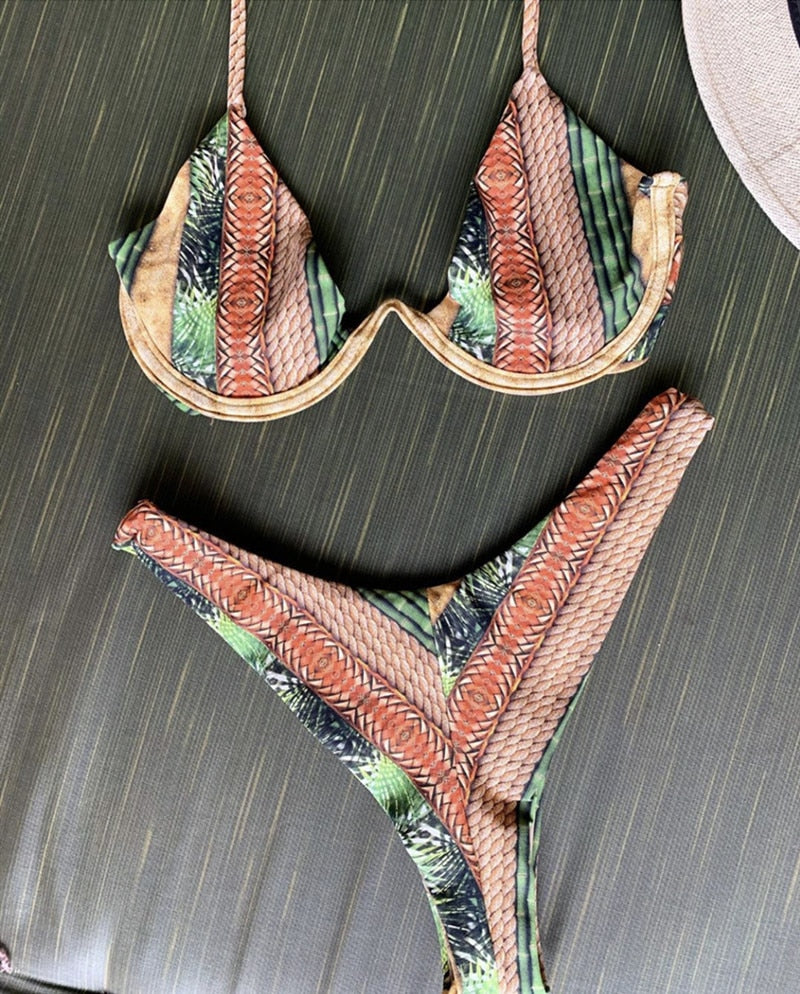 Sexy Floral Print Bikinis Striped Patchwork Swimsuit Women Bandage Bikini Set