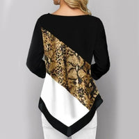 O Neck 3/4 Sleeve Irregular Hem Leopard Patchwork  Blouse Loose Fit Women's Clothing