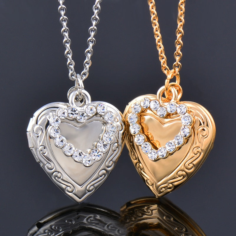 Gold Color Photo Frame Open Heart Locket Pendant Necklace For Women