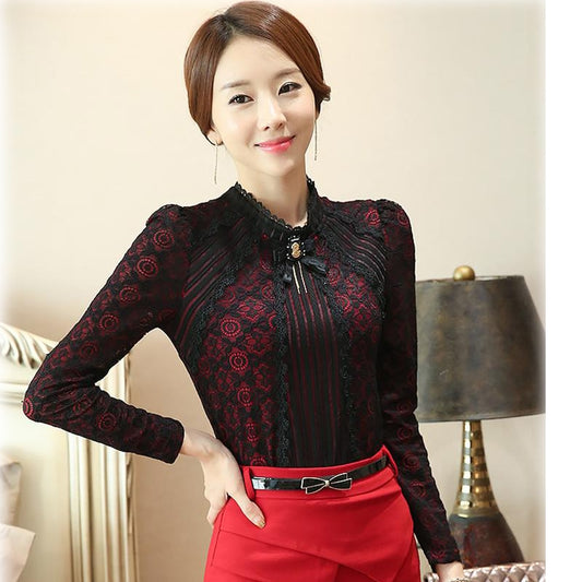 Lace Blouse Long Sleeve Slim Floral Lace Shirt