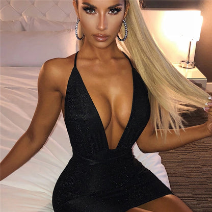  2021 Sleeveless Halter Bandage Sexy Women Dress Backless Bodycon Summer Deep V-neck Night Club Lace-up Party Dress