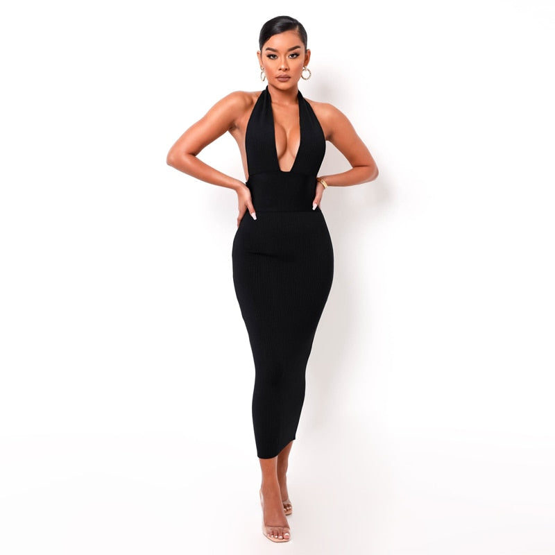 Solid Ribbed Knitted Stripe Women Halter Midi Dress Backless Patchwork Bodycon Sexy Party Elegant Club 2021 Summer Club