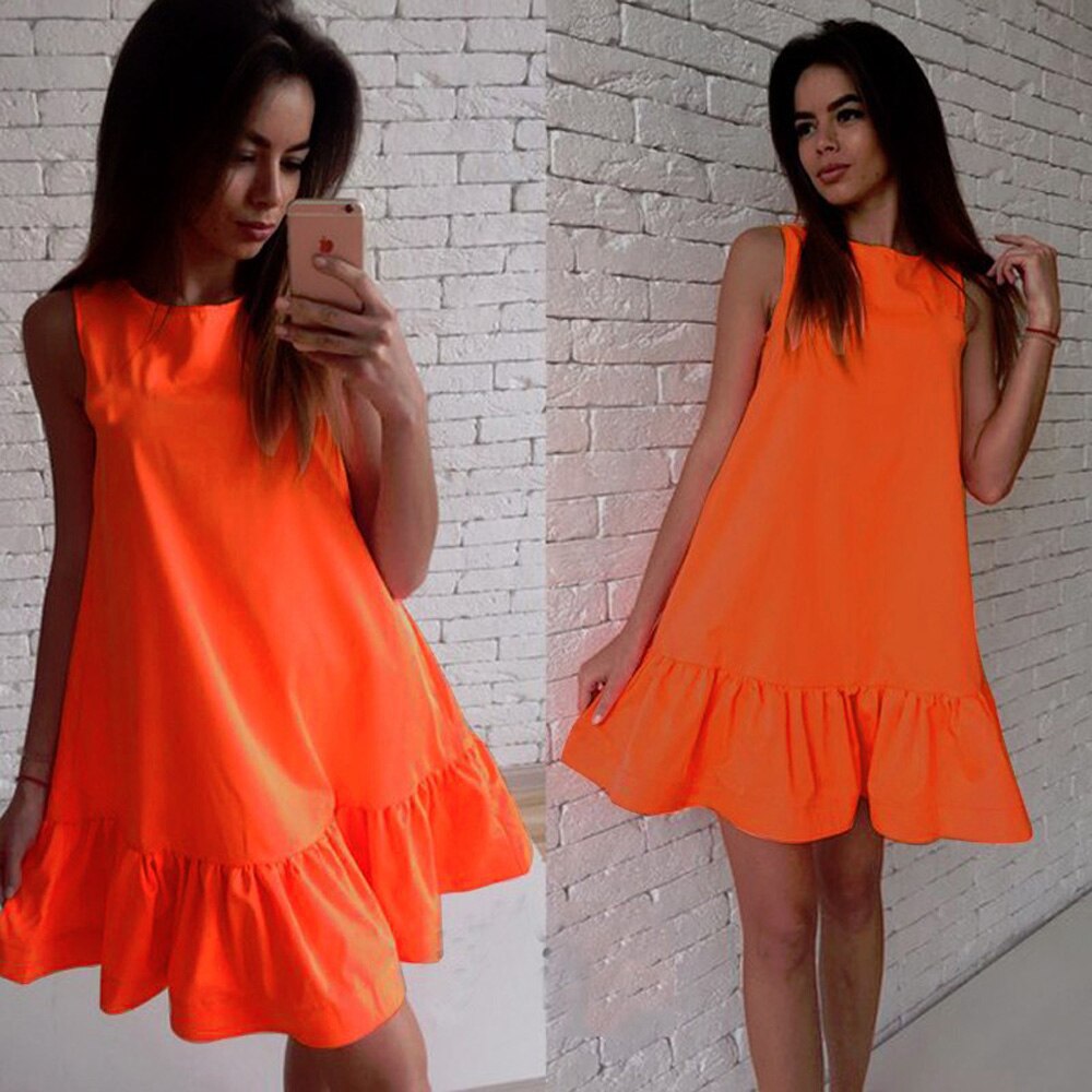 Summer Women O-Neck Sleeveless Solid Ruffle Mini Dress Sexy Lady Streetwear Loose Party Vestidos WDC7129