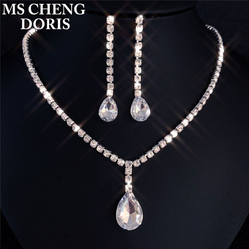 Water Drop Rhinestone Long Pendant Full Crystal Silver Plated Necklace &amp; Earrings Elegant Bridal Wedding Jewelry Set